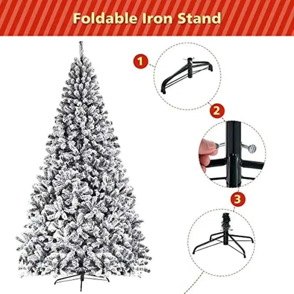 9FT Snow Flocked Pine Christmas Tree Premium PVC Branches Stand Indoor Outdoor Glamorous Decoration Easy Assembly Sparkly and
