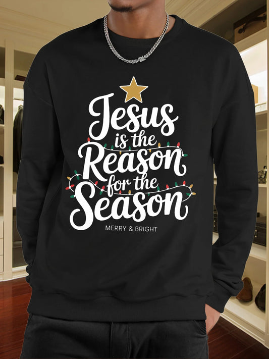 Men's & Women's Christmas Sweatshirt - Jesus is the Reason for the Season with Star & Lights Print, Merry & Bright Religious