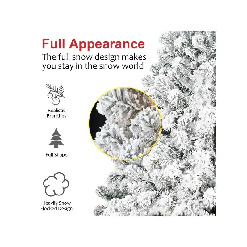 6ft Flocked Christmas Tree, 678 PVC Branch Tips, Round Top, Foldable Base for Indoor Holiday Decor