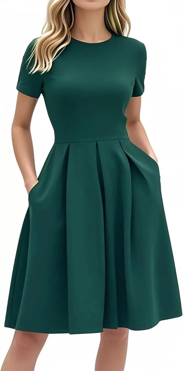 Red A-Line Short Sleeve Dress with Pockets for Women, Summer Party Church Bridesmaid Graduation Occasion