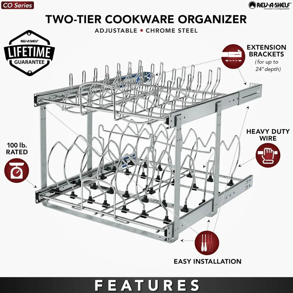 Rev A Shelf 2 Tier Kitchen Cabinet Pullout 20.75 Inch Organizer for Pots Pans and Lids Adjustable Heavy Duty Wire
