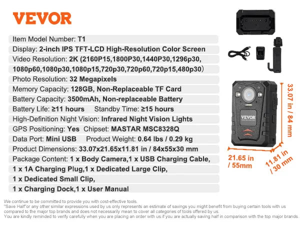 VEVOR 1440P HD Police Body Camera 128GB with Audio Video 2.0 Inch LCD Infrared Night Vision Waterproof GPS for Law Enforcement