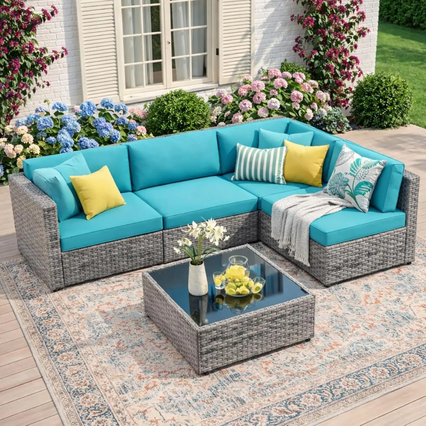 Patio Furniture Sets, 5-Piece Outdoor Patio Furniture with Thick Cushions, Wicker Outdoor Conversation Set, Customized