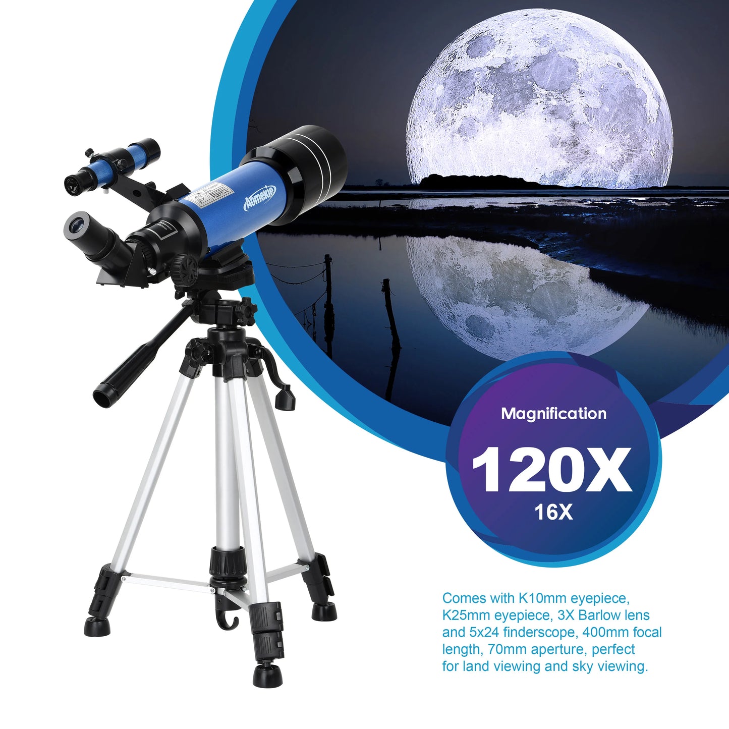 Professional Astronomical Telescope 400mm Focal Length 70mm Lens Max 120X with High Tripod Mobile Holder and Travel Bag for Adults and Kids Gift