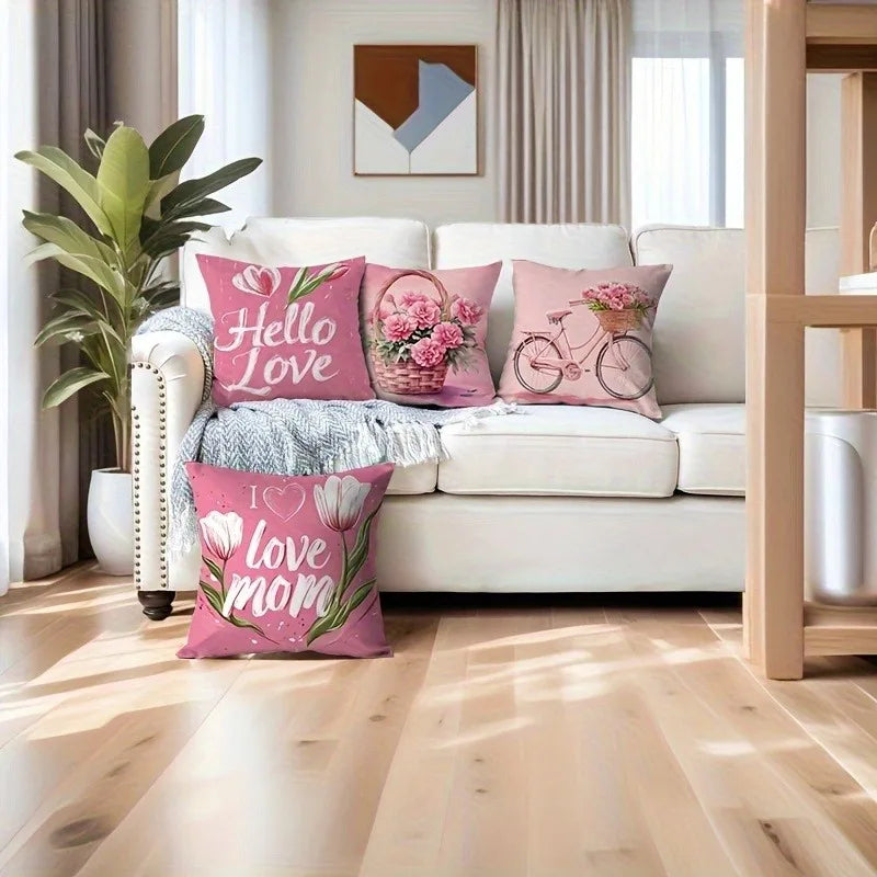 4 Floral Bicycle Pillowcases for Mother's Day - "Hello Love" and "I Love Mom" designs, perfect for sofas and home décor.