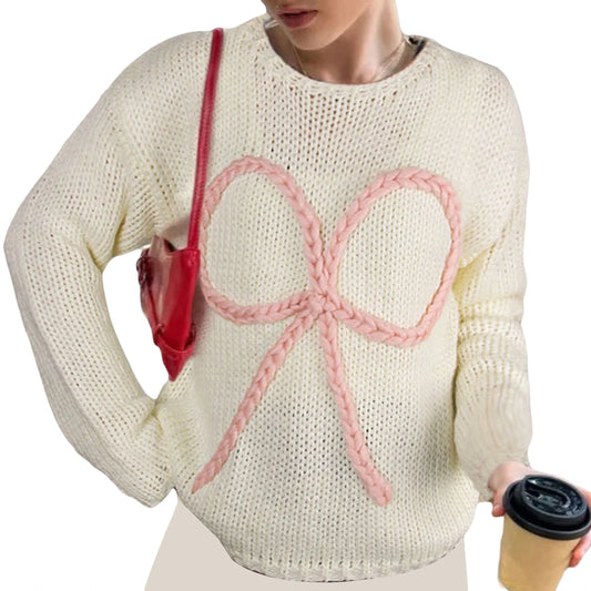 Women s Cozy Cable Knit Sweater with Oversized Bow Detail and Embroidery Long Sleeve Round Neck Pullover for Autumn