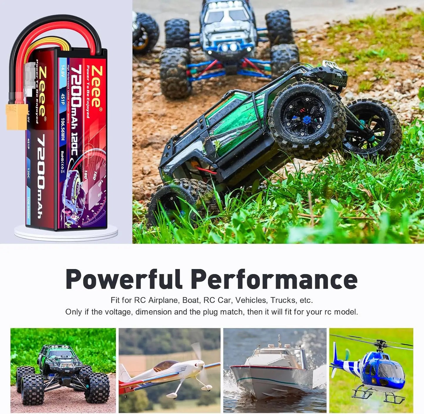Zeee 4S Lipo Battery 7200mAh 14.8V 120C Hard Case RC Battery with XT90 Plug for 1/8 Buggy RC Car Truck Racing Models