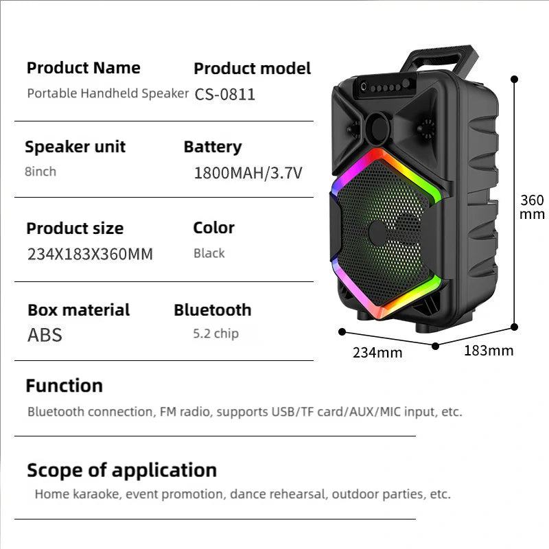 JBJW Karaoke Bluetooth Speaker 8 Inch Dynamics RGB Lights TWS HIFI Heavy Bass Wireless Microphone Subwoofer for Home and Outdoor