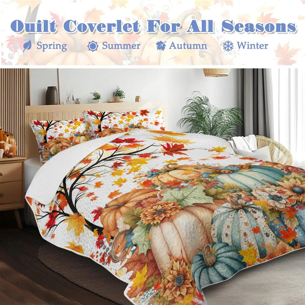 Colorful Pumpkin Oil Painting Quilt Set - 3 Piece Queen Bedding with 2 Pillowcases for Fall and Thanksgiving Gift