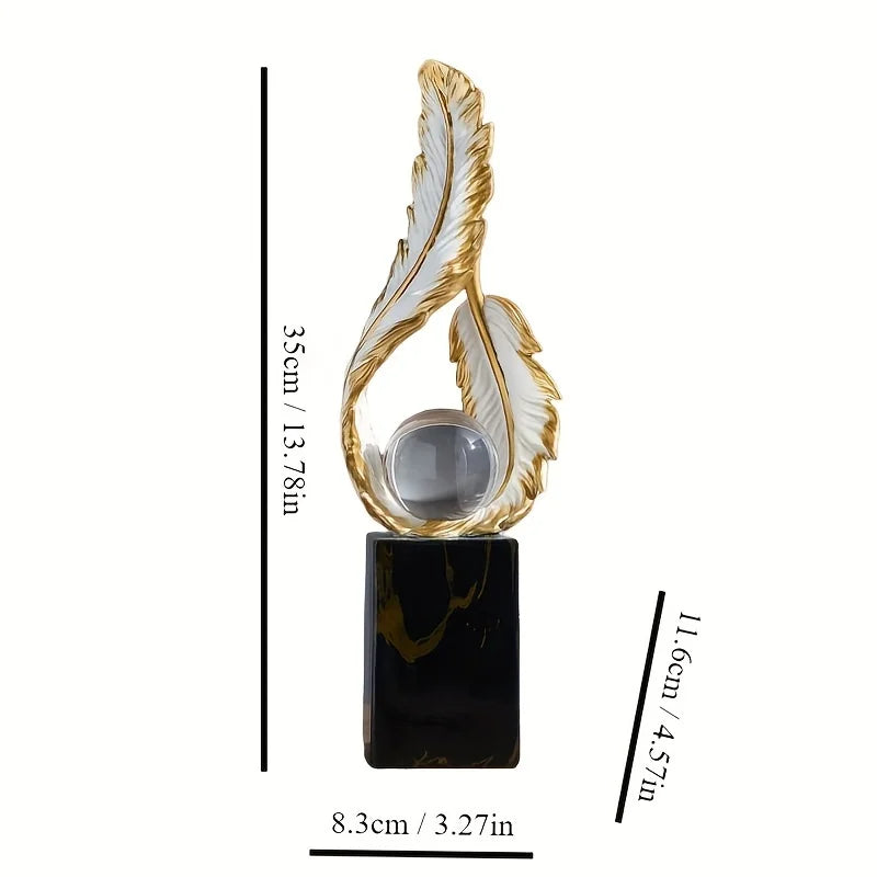 Elegant Resin Feather Orb Sculpture Decorative Sphere Design on Marble Base for Home Decor Office Desk Accessory