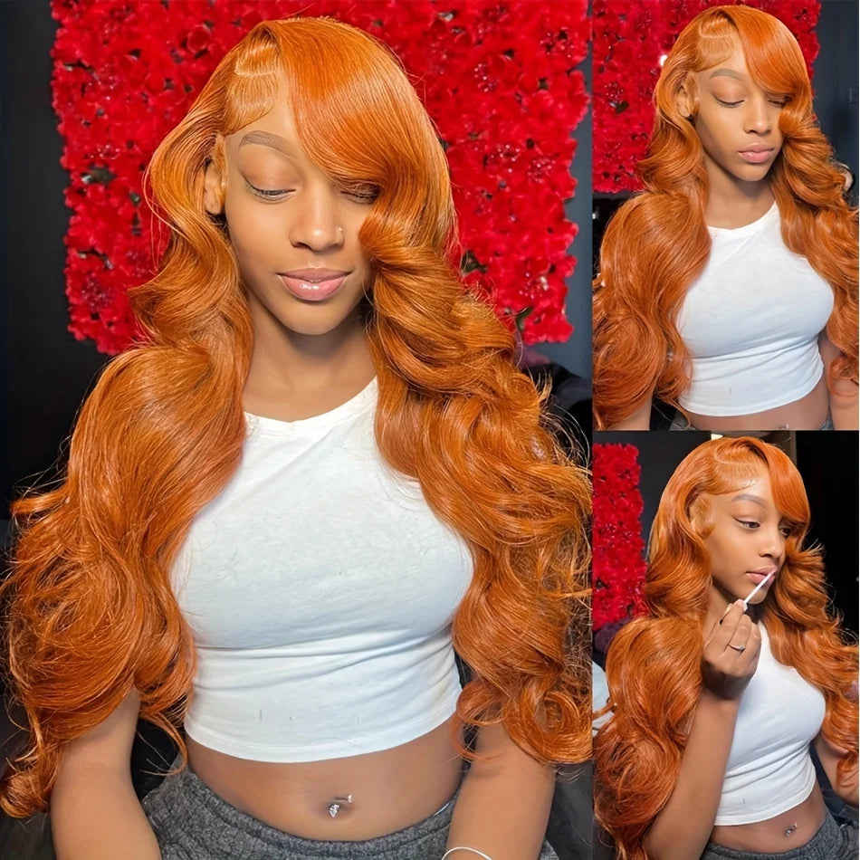 36inch Ginger Orange Lace Front Wigs Human Hair Pre Plucked 200% Density Body Wave 13x4 13x6 Hd Transparent Lace Frontal Wigs
