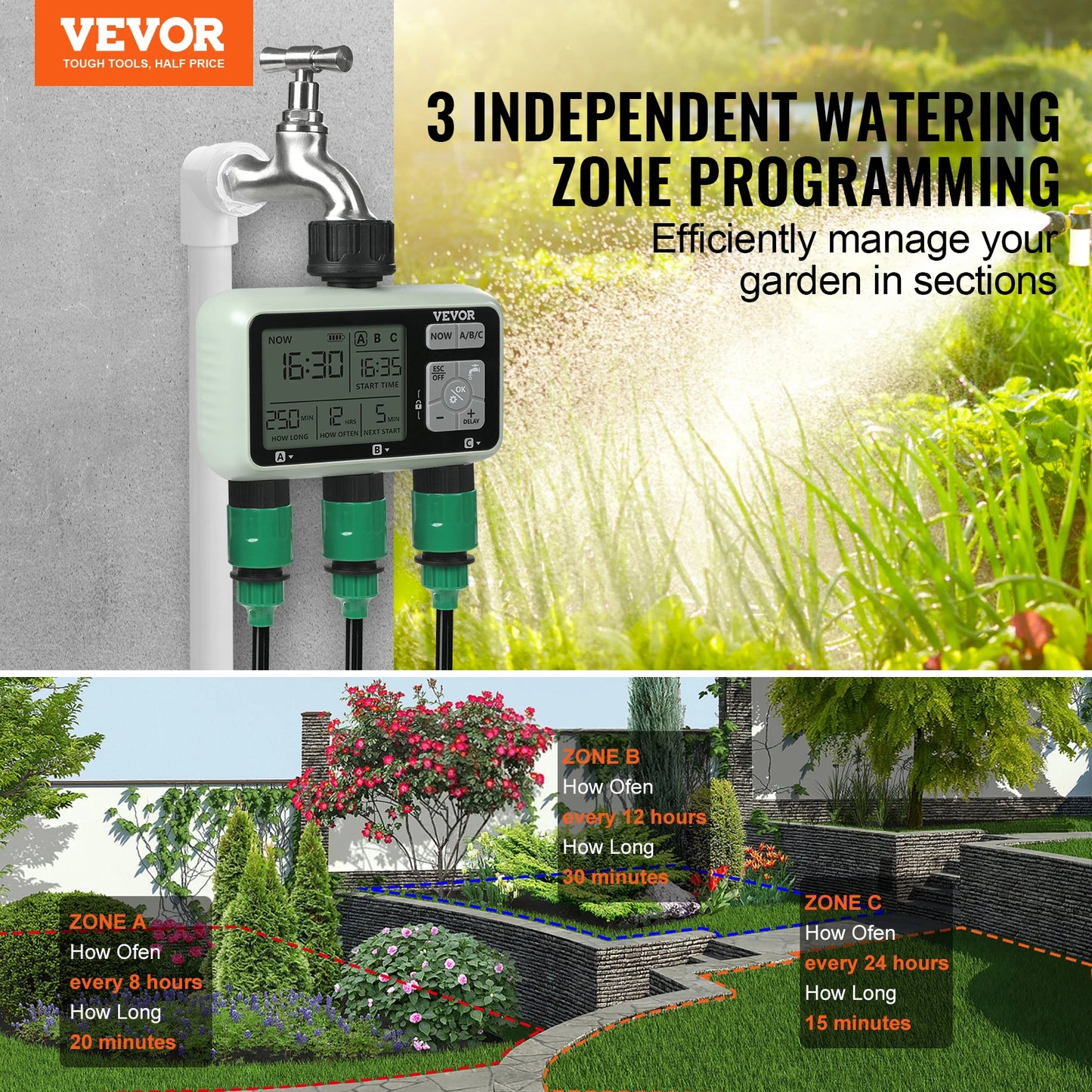 VEVOR Water Timer 3 Outlets Hose 3 Independent Watering Zone LCD Display Rain Delay Mode Manual Mode, Watering Sprinkler Timer
