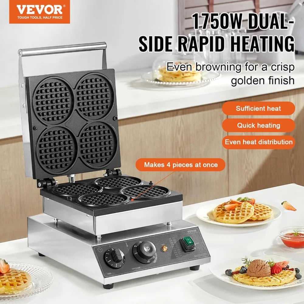 1750W Commercial Waffle Maker 4PCS Round Non-Stick Belgian Waffle Iron with Temperature Time Control for Restaurant Bakery