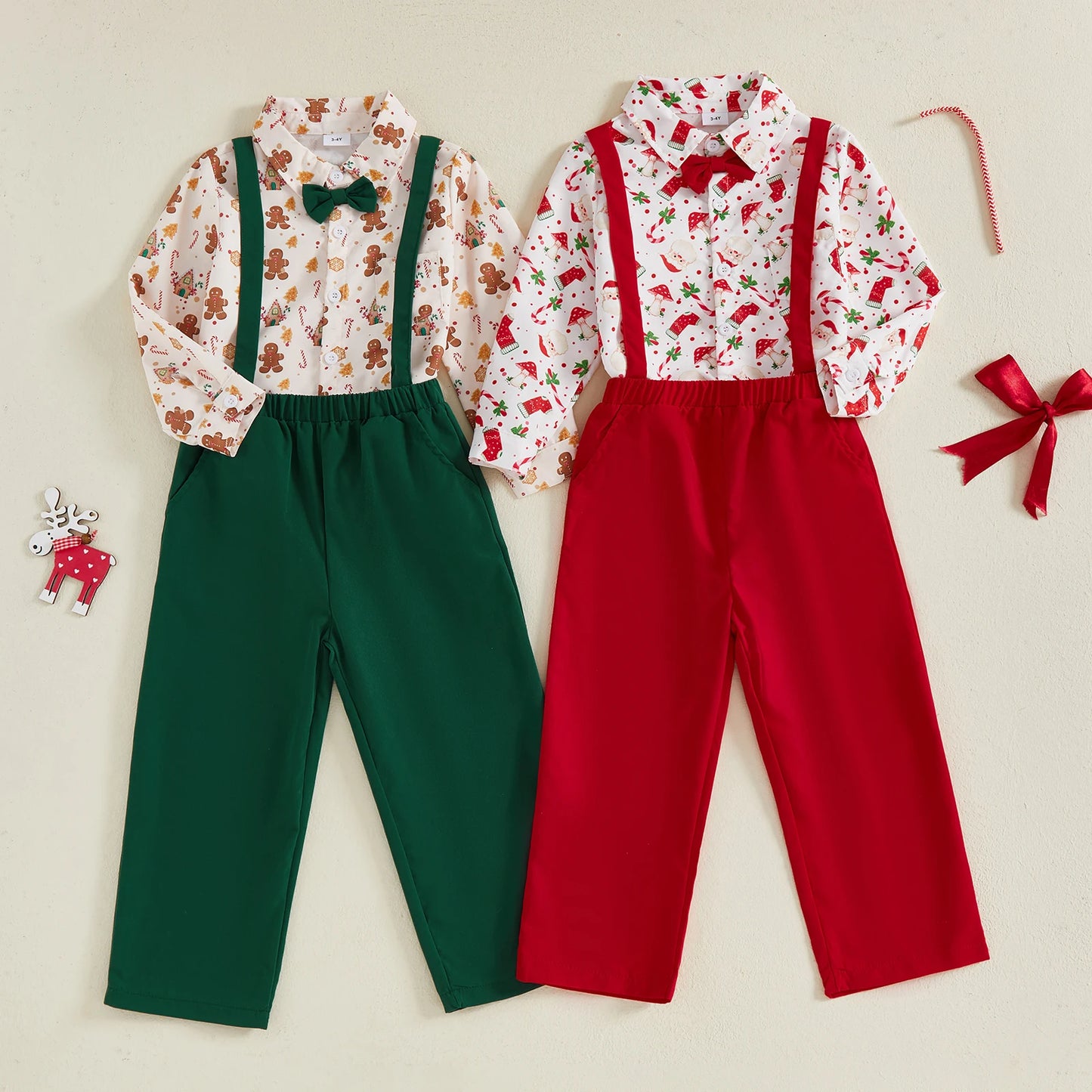 Toddler Baby Boys Clothes Set Christmas Gingerbread Pattern Long Sleeve Lapel Shirt Solid Color Overalls Pants 2Pcs Outfits