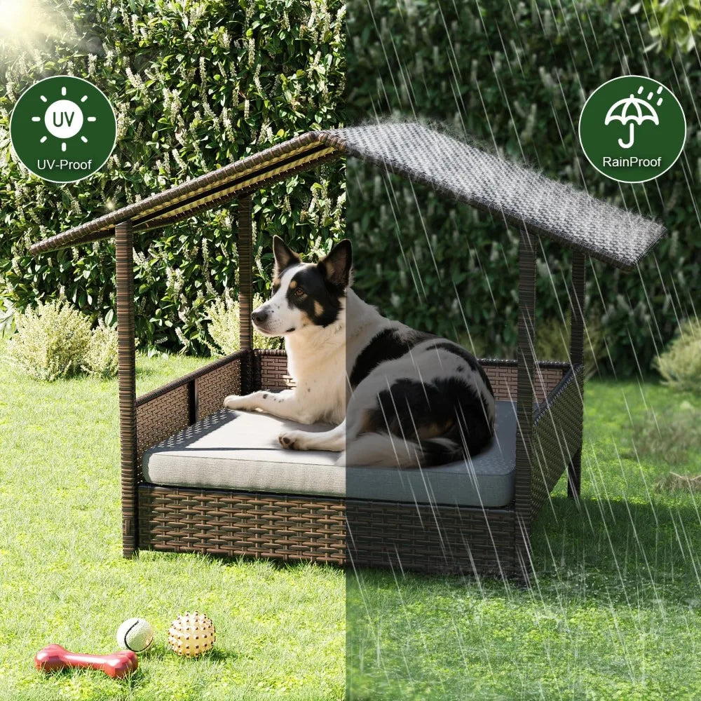 Wicker Dog Bed House for Small Medium Large Dogs Outdoor Indoor Rattan Pet Home Elevated Shelter Dog Bed with Cushion