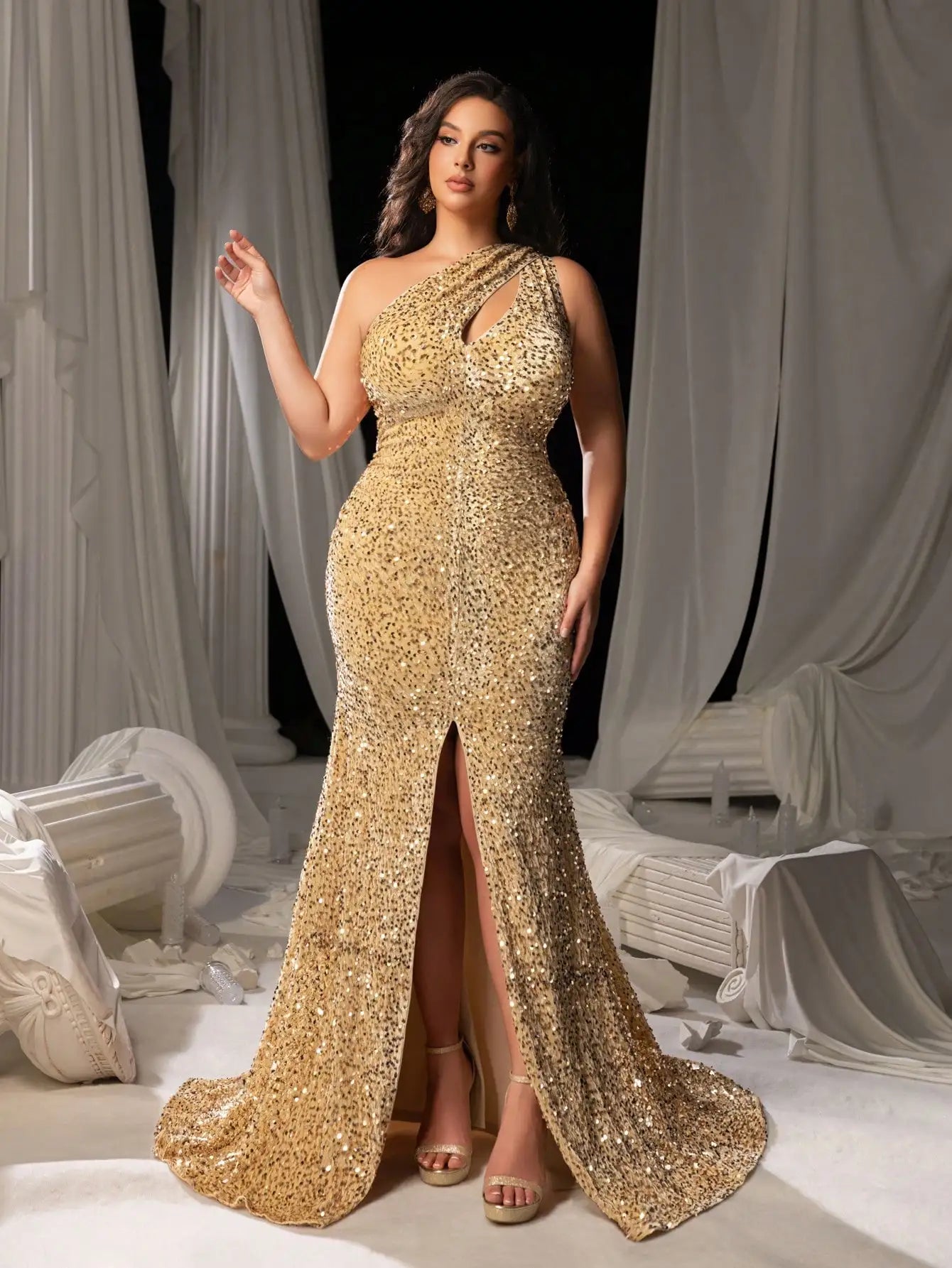 Plus Size One Shoulder Slit Mermaid Sequin Evening Dress for Formal Events