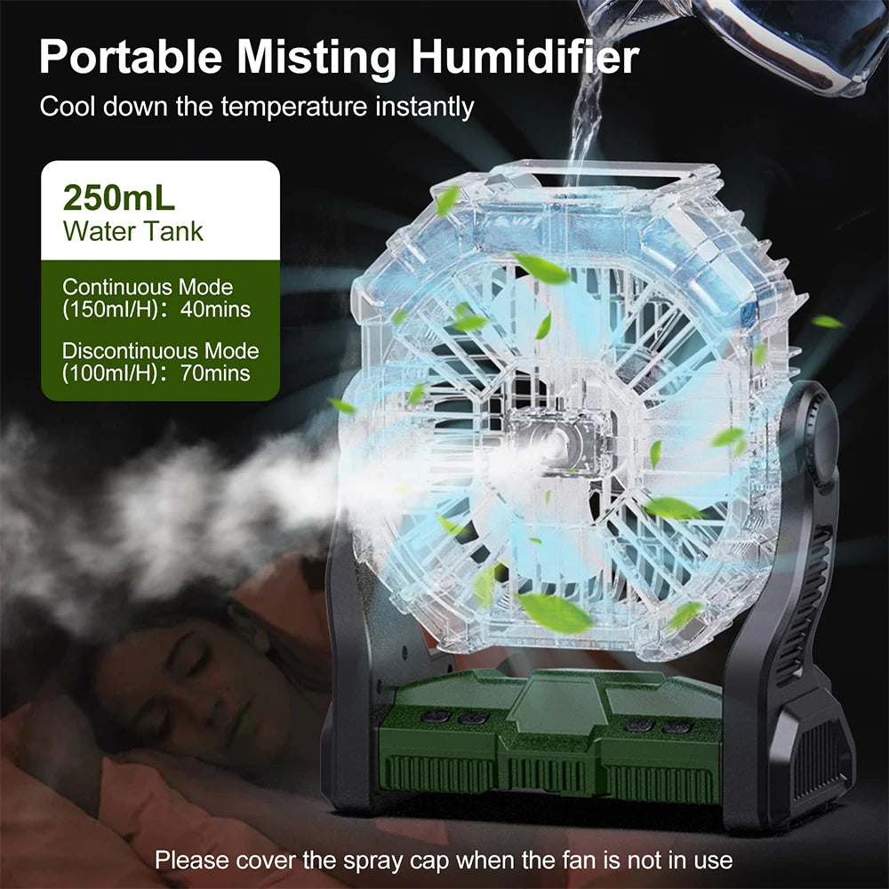 Wireless Camping Fan with 4 LED Color Light Control and 360 Degree Rotation Portable Misting Humidifier