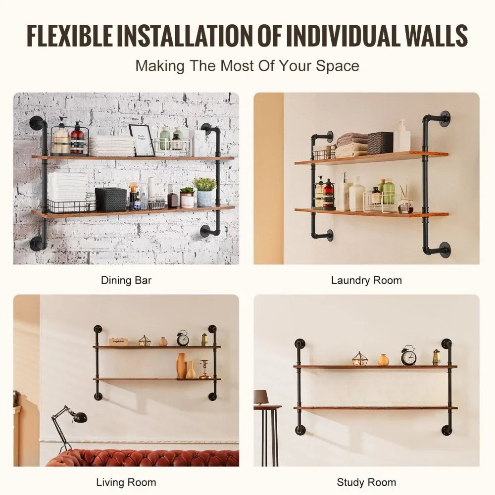 2 Tier Industrial Pipe Shelf 48x9.84 Inches Wall Mounted Storage Solution for Kitchen and Bedroom Organization