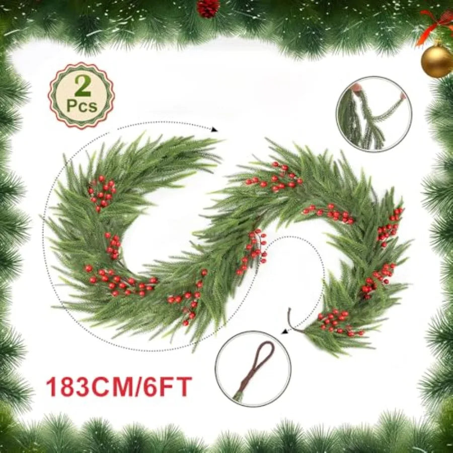 2 Pcs Norfolk Pine Garlands Real Touch Winter Pine Garland 6 FT Green Greenery Artificial Greenery Garland for Mantle Table Wal