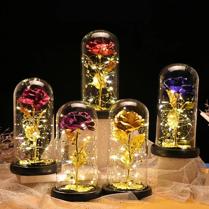Mothers Day Gifts Party LED Light Foil Flower in Glass Cover Valentine's Day Gift in Glass Simulation Rose Flower