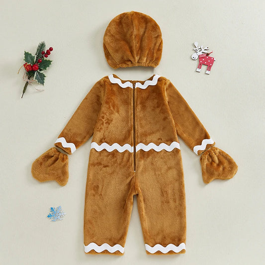 Gingerbread Man Costume Set with Ric Rac Trim Fleece Jumpsuit Hat and Gloves for Christmas and Halloween Party Fun