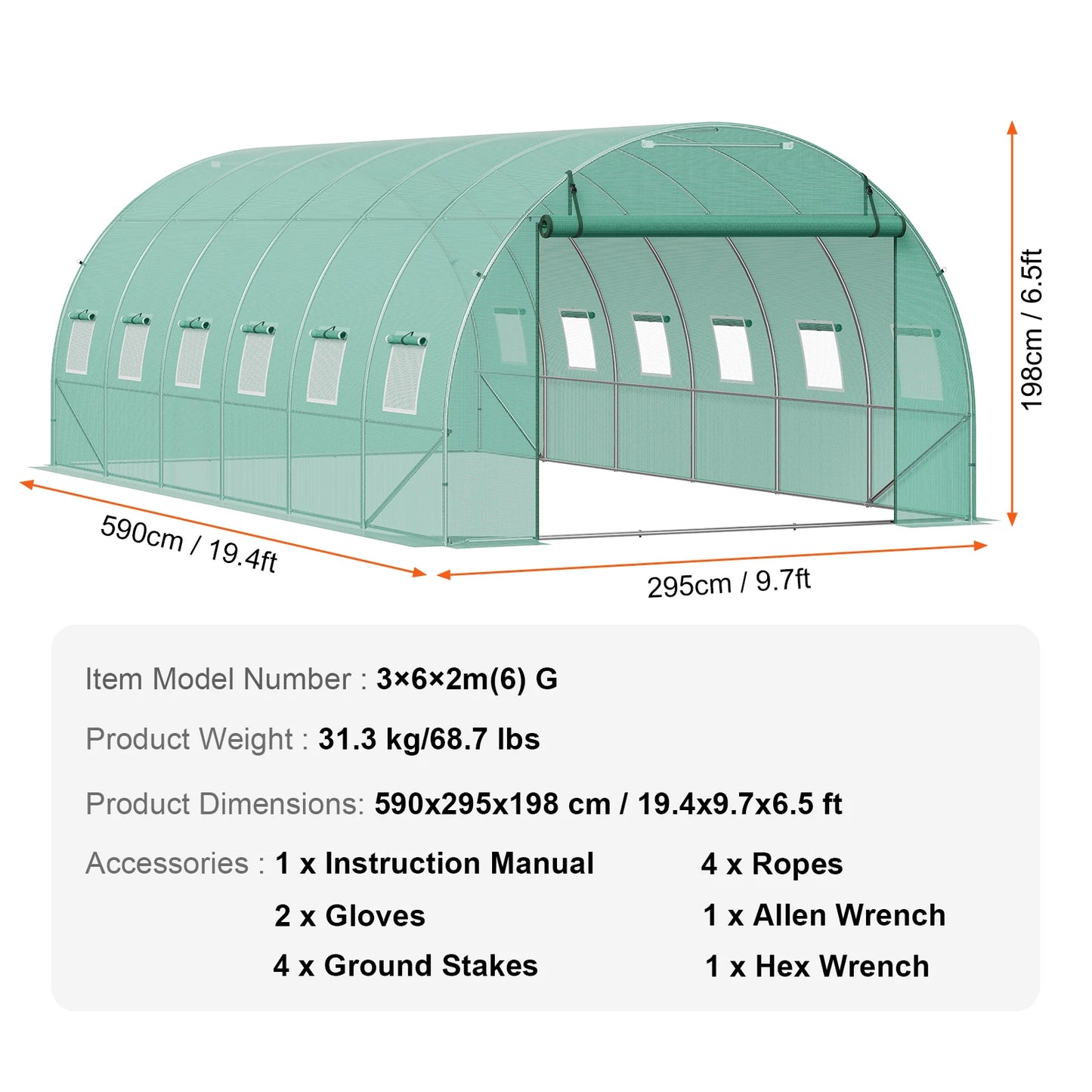 SucceBuy Walk In Tunnel Greenhouse Hoop House Steel Frame PE Cover Roll Up Zipper Door 345x195x192 cm
