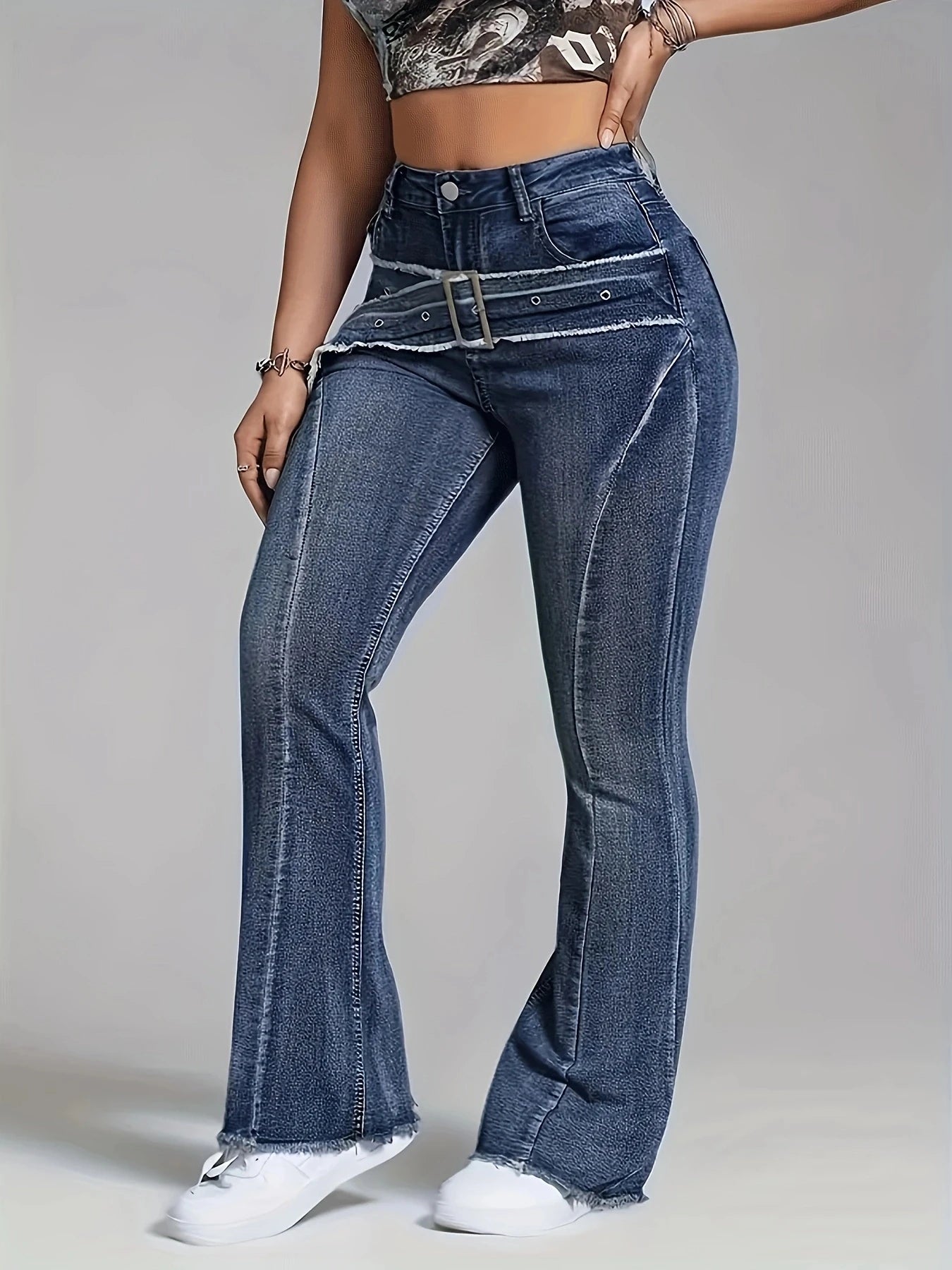 Women's retro blue fur edge fake waistband design with curved edge fashionable micro flared jeans