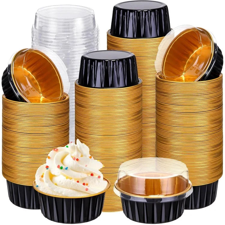 400 Pcs Aluminum Foil Baking Cups with Lids 5 Oz Disposable Ramekins Mini Cake Pans Creme Brulee Cupcake Liners Muffin Tins Flan Mold Dessert Containers for Wedding Birthday Party