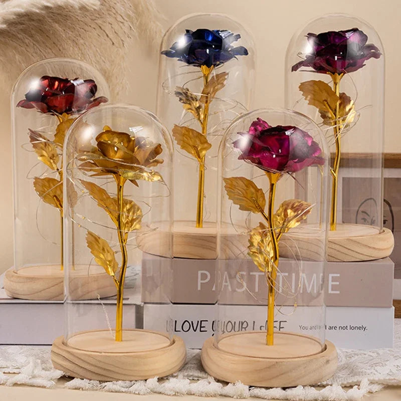 Mothers Day Gifts Party LED Light Foil Flower in Glass Cover Valentine's Day Gift in Glass Simulation Rose Flower