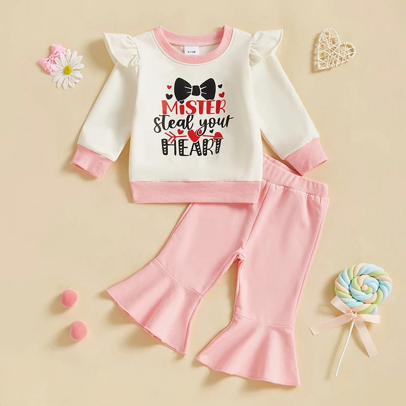 Toddler Girl Valentine s Day Heart Print Ruffle Sleeve Top and Solid Color Flare Pants Set for Baby Girls 2 Piece Outfit