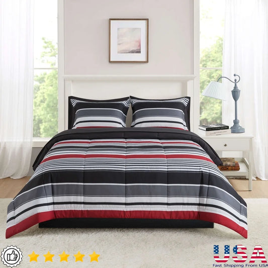 7 Piece Reversible Comforter Set With Sheets Soft Polyester Bedding Full Size Unisex Cozy Design Easy Care Storage Bag