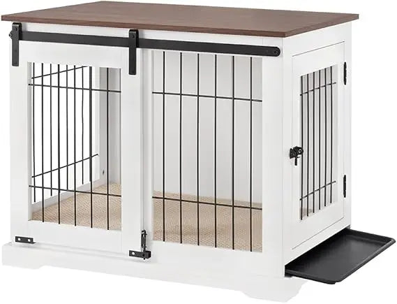 Dog Crate Furniture With Sliding Barn Door Stylish Double Doors Wooden Kennel With Tray And Cushion Decorative Indoor Pet House