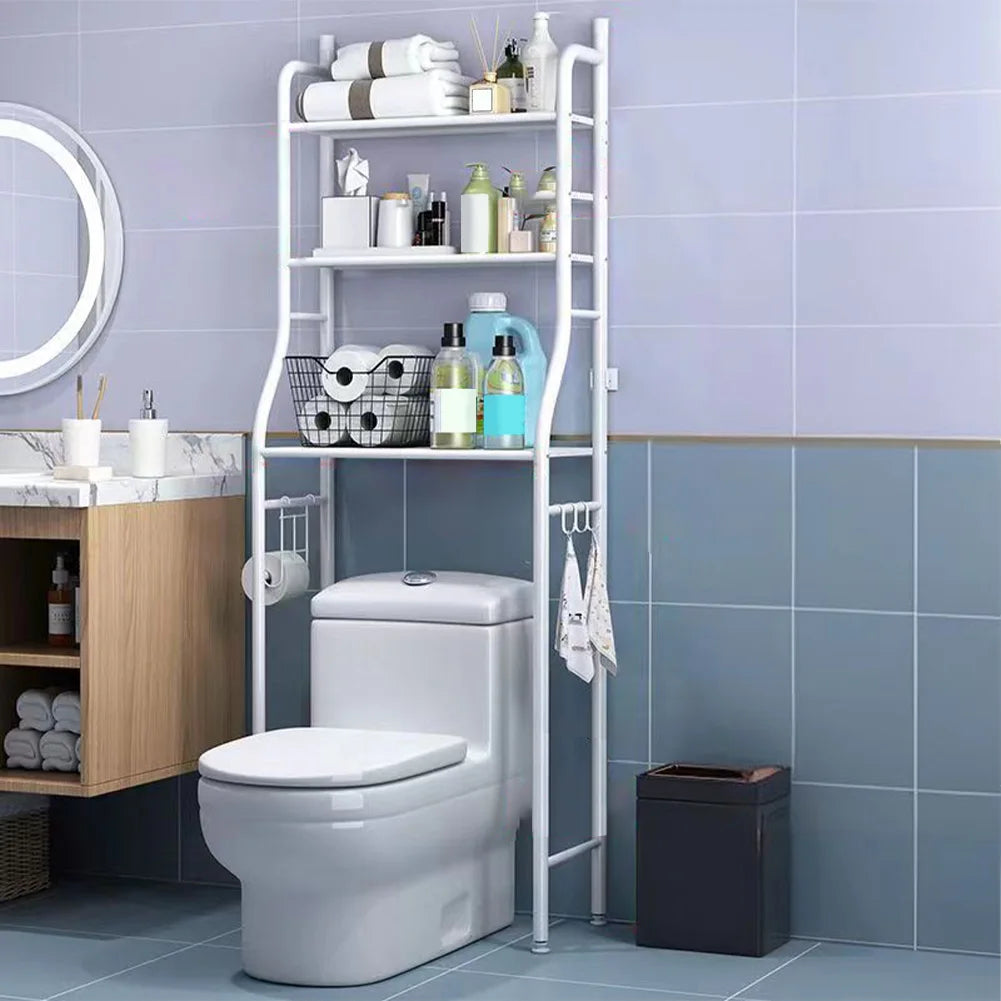Over The Toilet Storage Metal Organizer Rack With Towel Hooks And Paper Holder Three Tier Bathroom Shelf