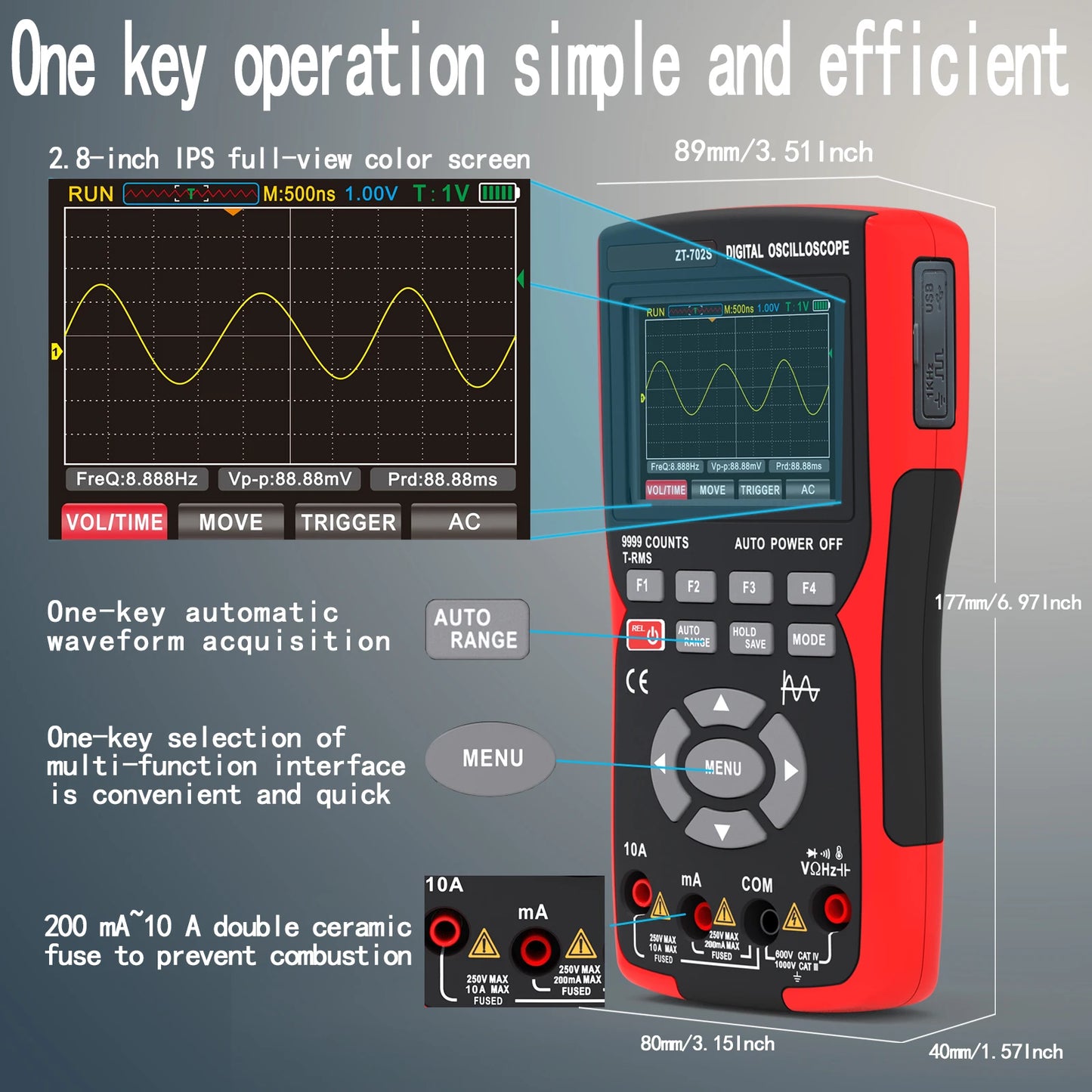 ZOYI ZT-702S 2 in 1 Handheld Digital Automotive Oscilloscope Multimeter Single Channel 10MHz Bandwidth 64Kbyte Record Length