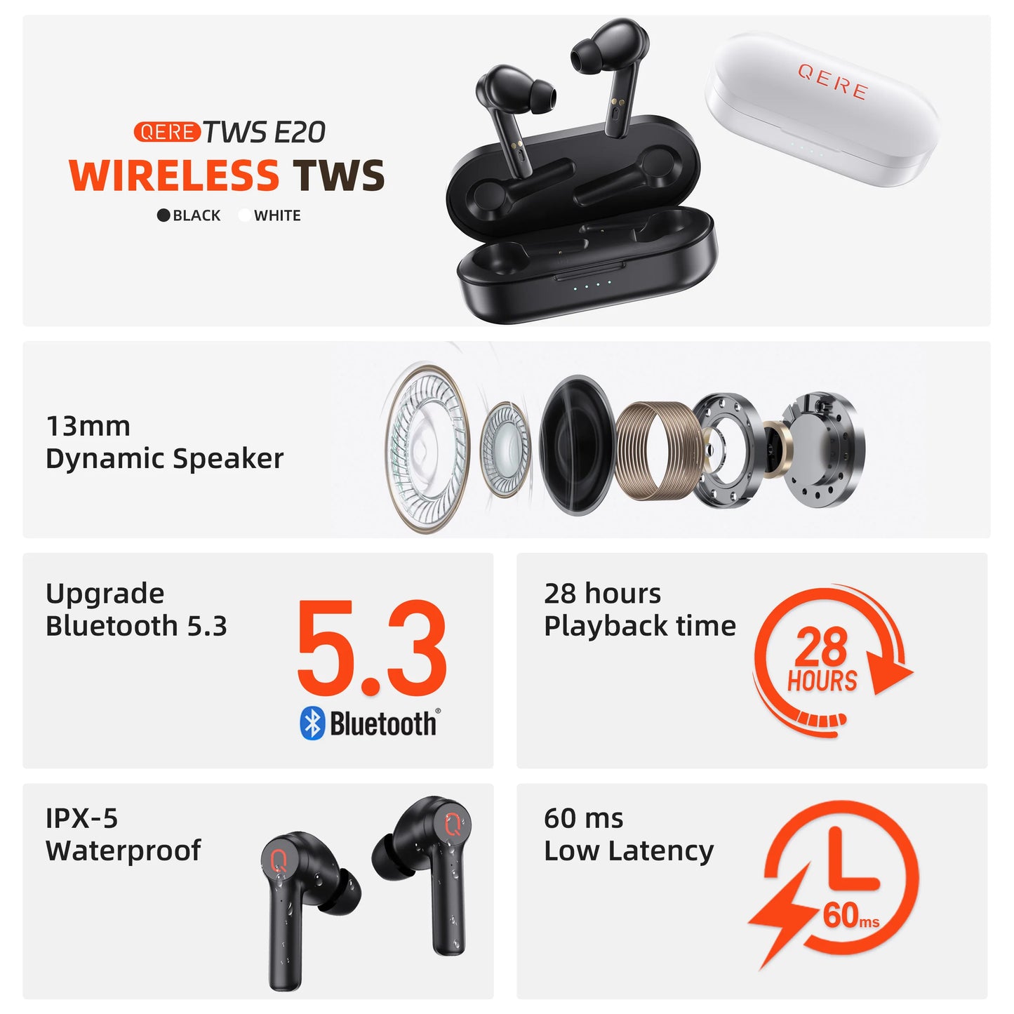 QERE E20 Wireless Headphones TWS Bluetooth 5.3 HD Microphone HIFI Earphones 13mm Driver 68Ms Low Latency 4 Mics ENC Call New