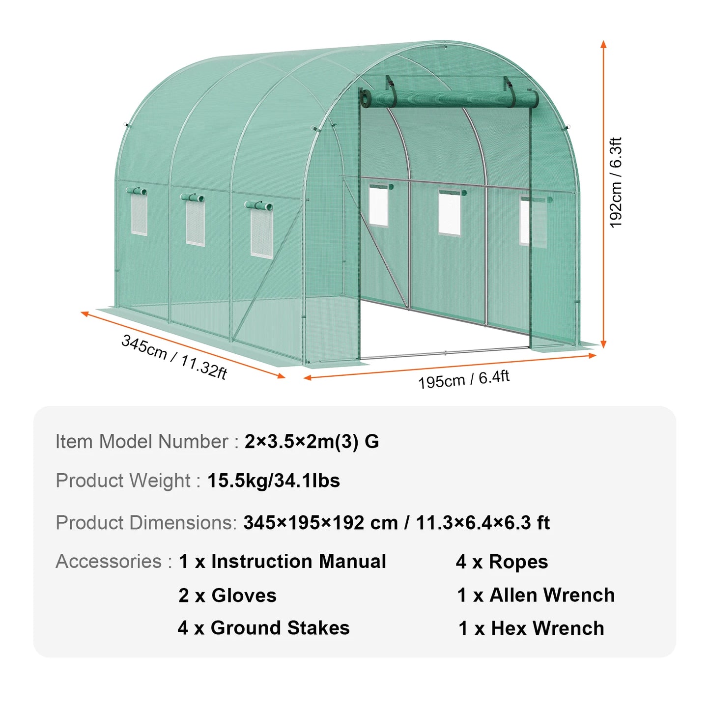 SucceBuy Walk In Tunnel Greenhouse Hoop House Steel Frame PE Cover Roll Up Zipper Door 345x195x192 cm