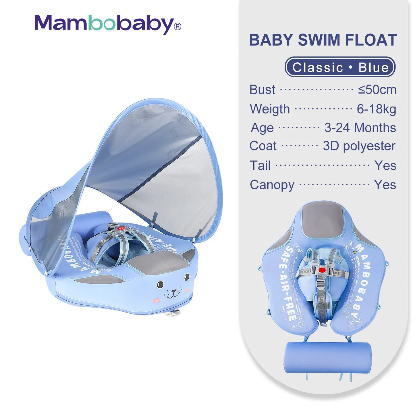 Mambobaby Baby Float with Sunshade Canopy and Crotch Strap Inflatable Free Safe Core Swimming Pool Accessory