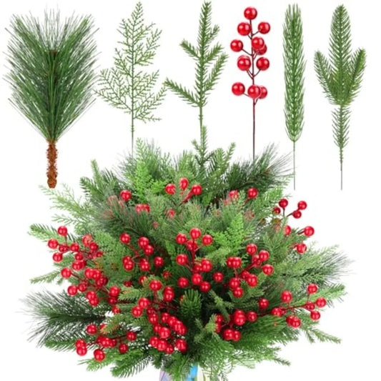 70PCS Artificial Pine Branches Christmas Greenery Artificial Pine Needles Branches with Red Berry Stems Fake Pine Branches Set