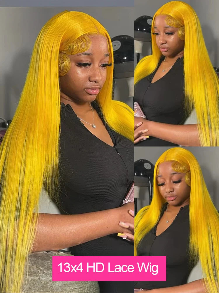Bright Lemon Yellow 13x4 13x6 Transparent HD Lace Frontal Wig Brazilian 100 Percent Raw Human Hair Bone Straight Cosplay Wig