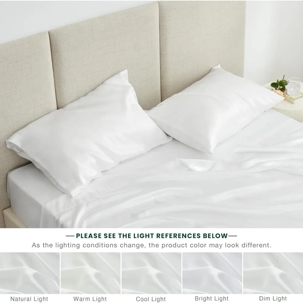 Satin Queen Sheets Set 4 Piece White Silky Bed Sheets with Deep Pocket Luxury Silk Feel Satin Queen Size Sheet Set