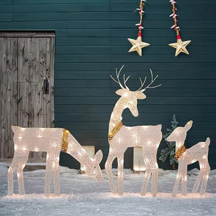 Christmas Outdoor Decoration 3Piece Lighted 2D Reindeer Family with 60 Lamps PreLit Light Up Deer Set Waterproof