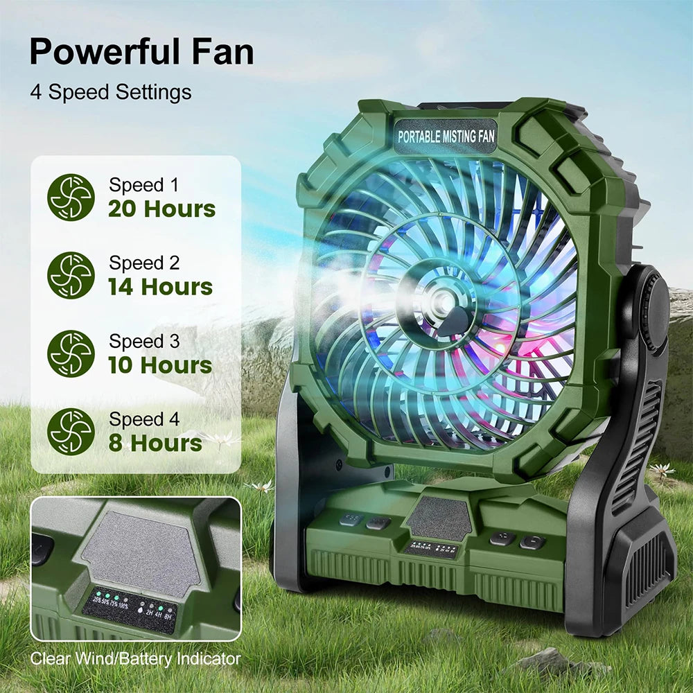 Wireless Camping Fan with 4 LED Color Light Control and 360 Degree Rotation Portable Misting Humidifier