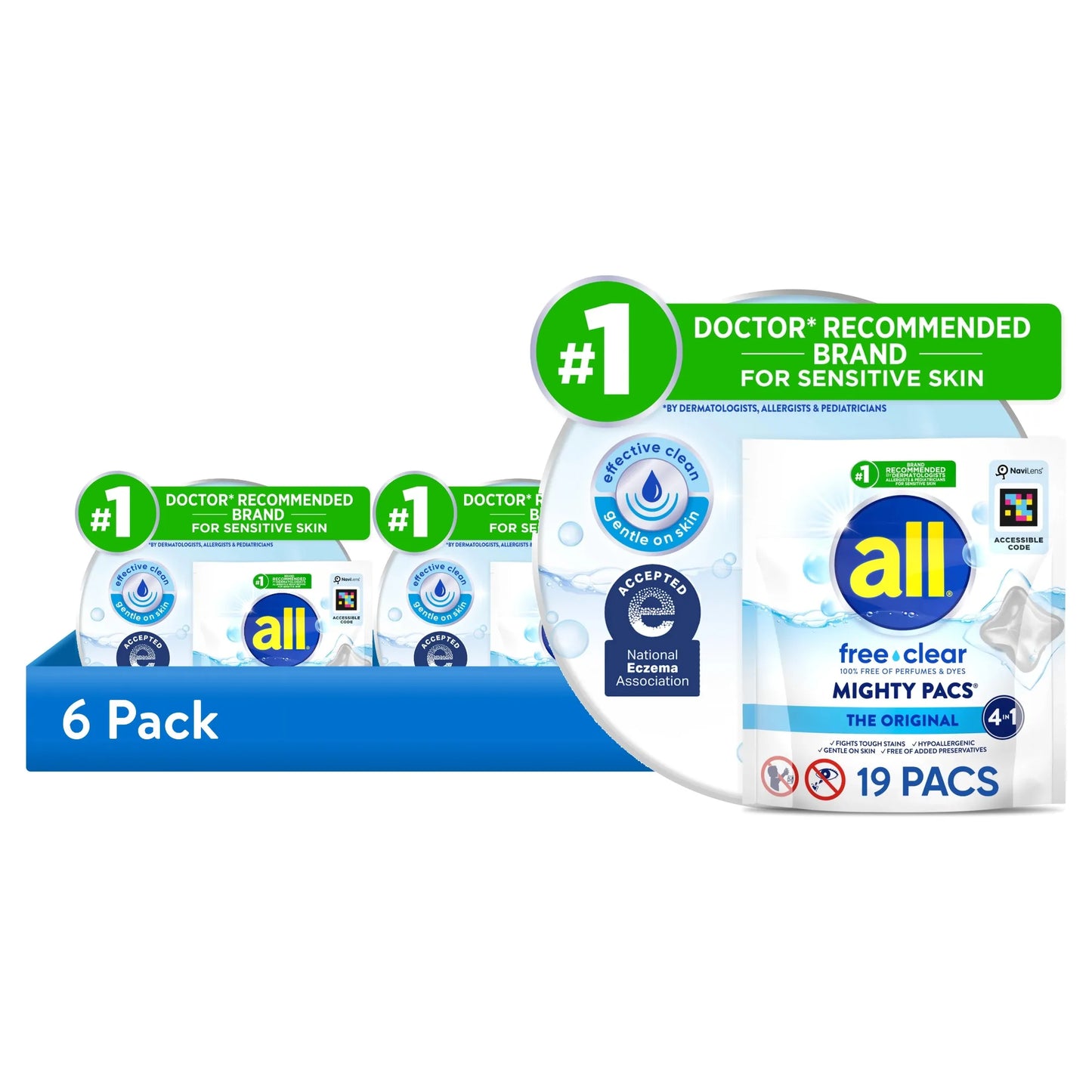 (6 pack) all Laundry Detergent Pacs, Free Clear for Sensitive Skin, Unscented and Dye Free, 19 Count