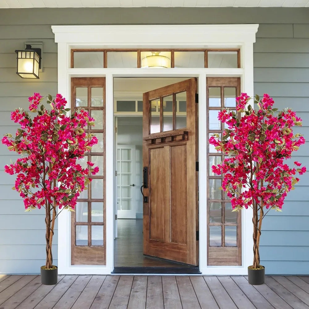 6-Foot Bougainvillea Artificial Trees, Set of 2 with 910 Flowers and 105 Leaves, Real Wood Trunk, Tall Faux Flower Trees in Pot