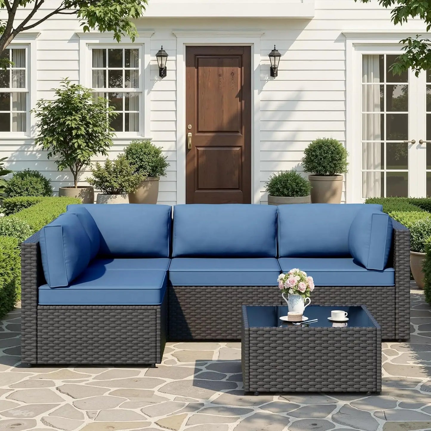 Patio Furniture Sets, 5-Piece Outdoor Patio Furniture with Thick Cushions, Wicker Outdoor Conversation Set, Customized