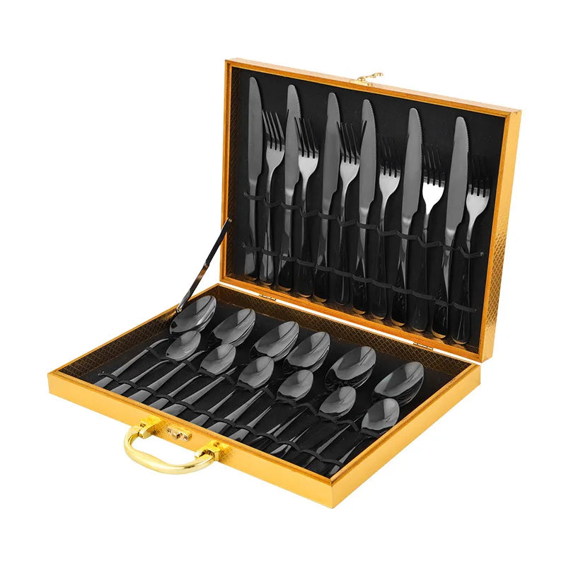 Stainless Steel Tableware Set of 24 Pieces, Wooden Box, Western Tableware with Four Main Items Knife, Fork and Spoon