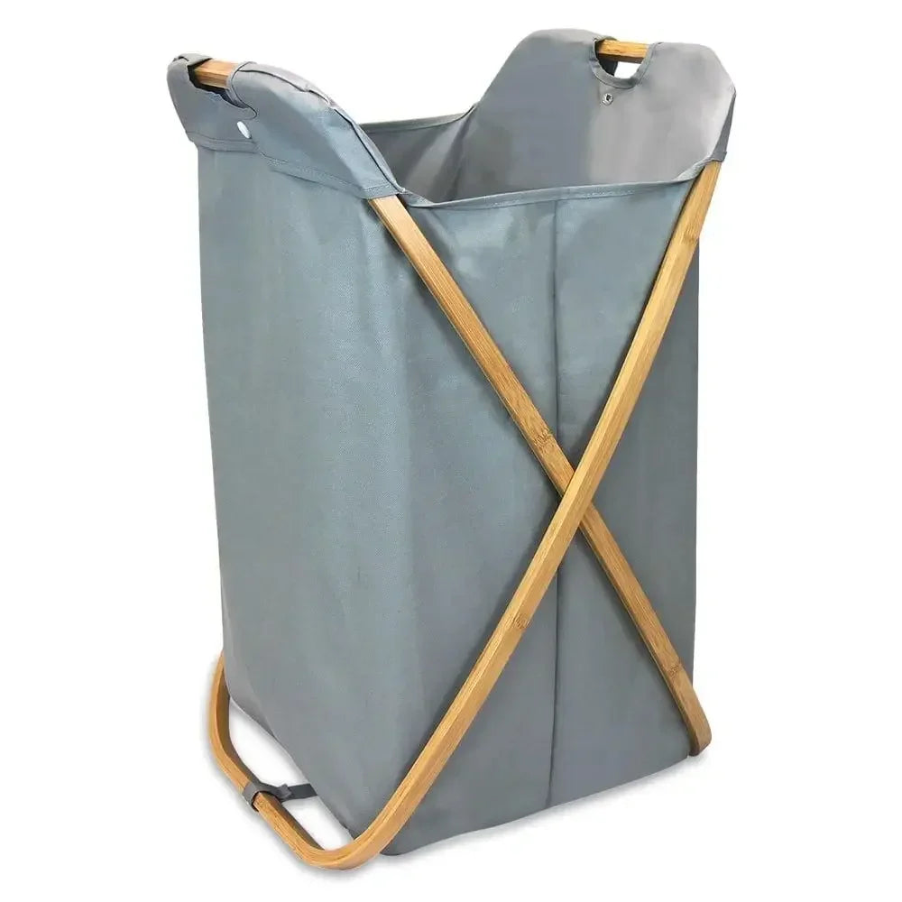 Bamboo X Frame Laundry Hamper Sorter Lightweight Durable Polyester Gym School Garage Organizer Foldable Elegant Design