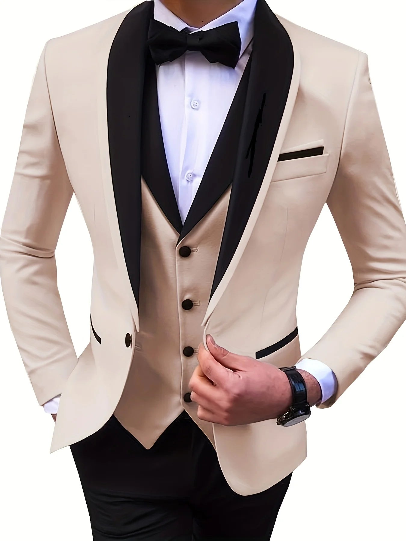 Elegant Slit Men's Suits 3 Piece Black Shawl Lapel Casual Tuxedos for Wedding Groomsmen Suits Men (Blazer+Vest+Pant)