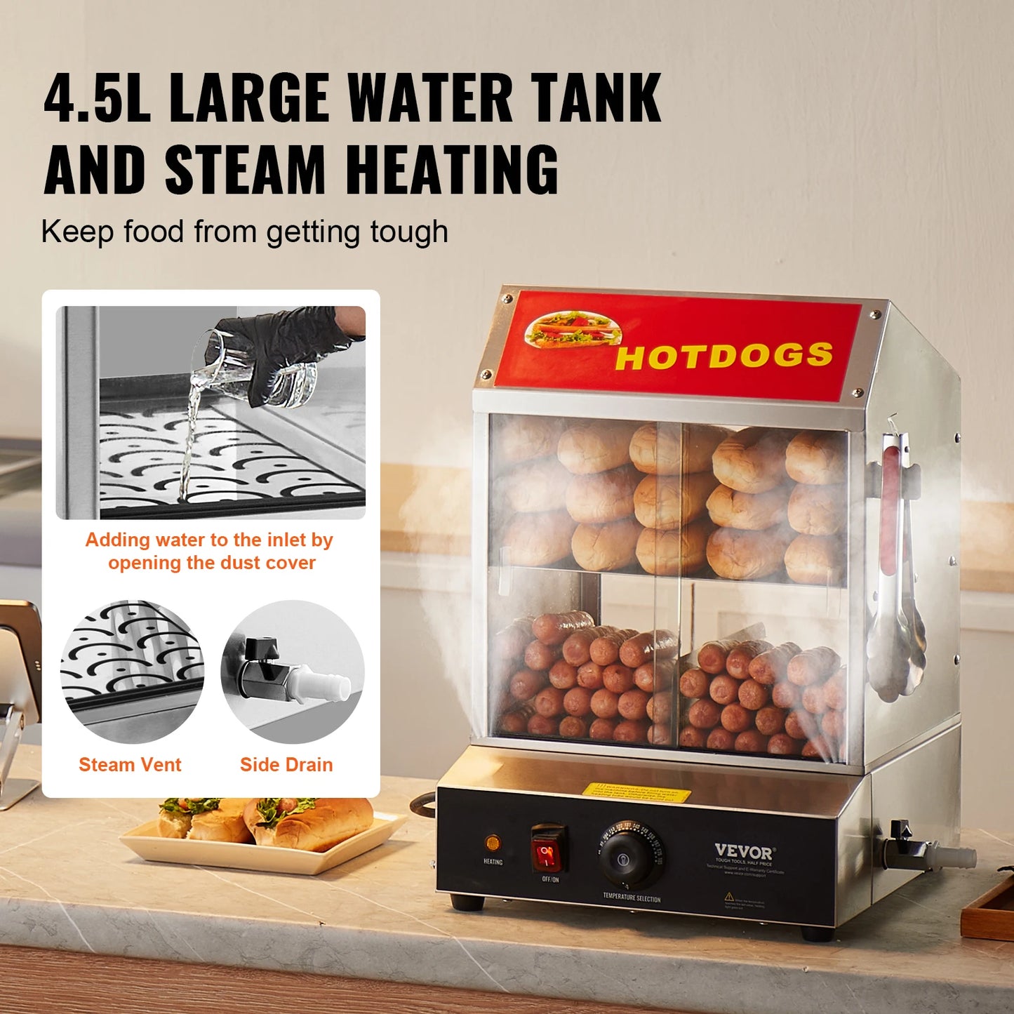 SucceBuy 27/37L 2Tiers Hot Dog Steamer with Temperature Control Stainless Steel Electric Bun Warmer for Hot Dogs&Buns for Cinema