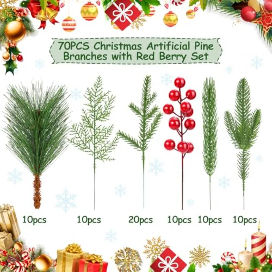 70PCS Artificial Pine Branches Christmas Greenery Artificial Pine Needles Branches with Red Berry Stems Fake Pine Branches Set